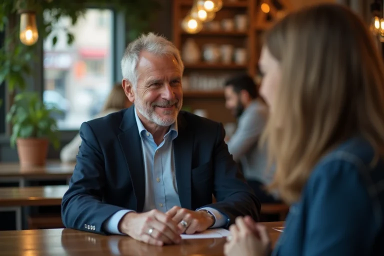 Homme souriant en café lors d'une conversation chaleureuse