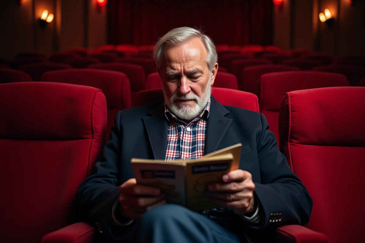 Homme senior examinant sa carte cinéma senior assis dans un fauteuil de salle de cinéma