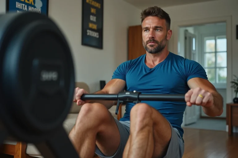 Homme musclé en T-shirt bleu et short gris sur rameur intérieur