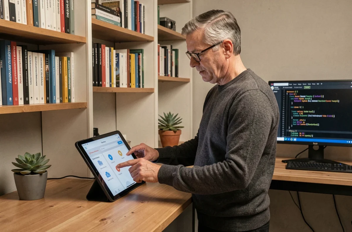 Homme en télétravail gérant la sauvegarde de données professionnelles sur tablette dans un bureau à domicile