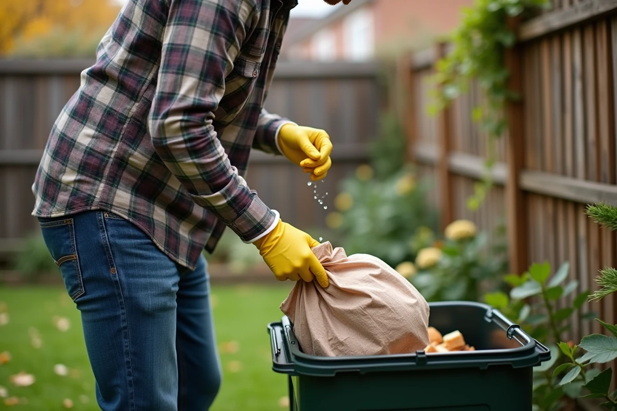 Jeune homme jetant du pain dans un composteur extérieur