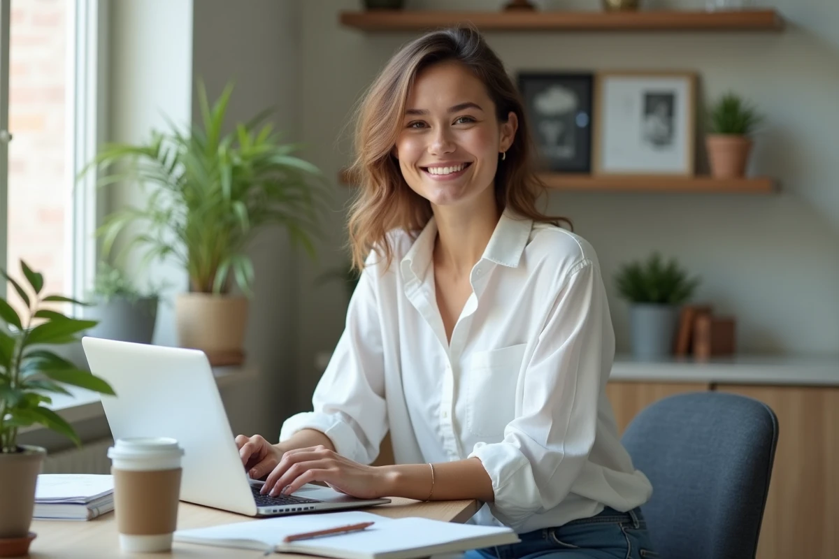Jeune femme souriante travaillant sur son ordinateur dans un bureau lumineux