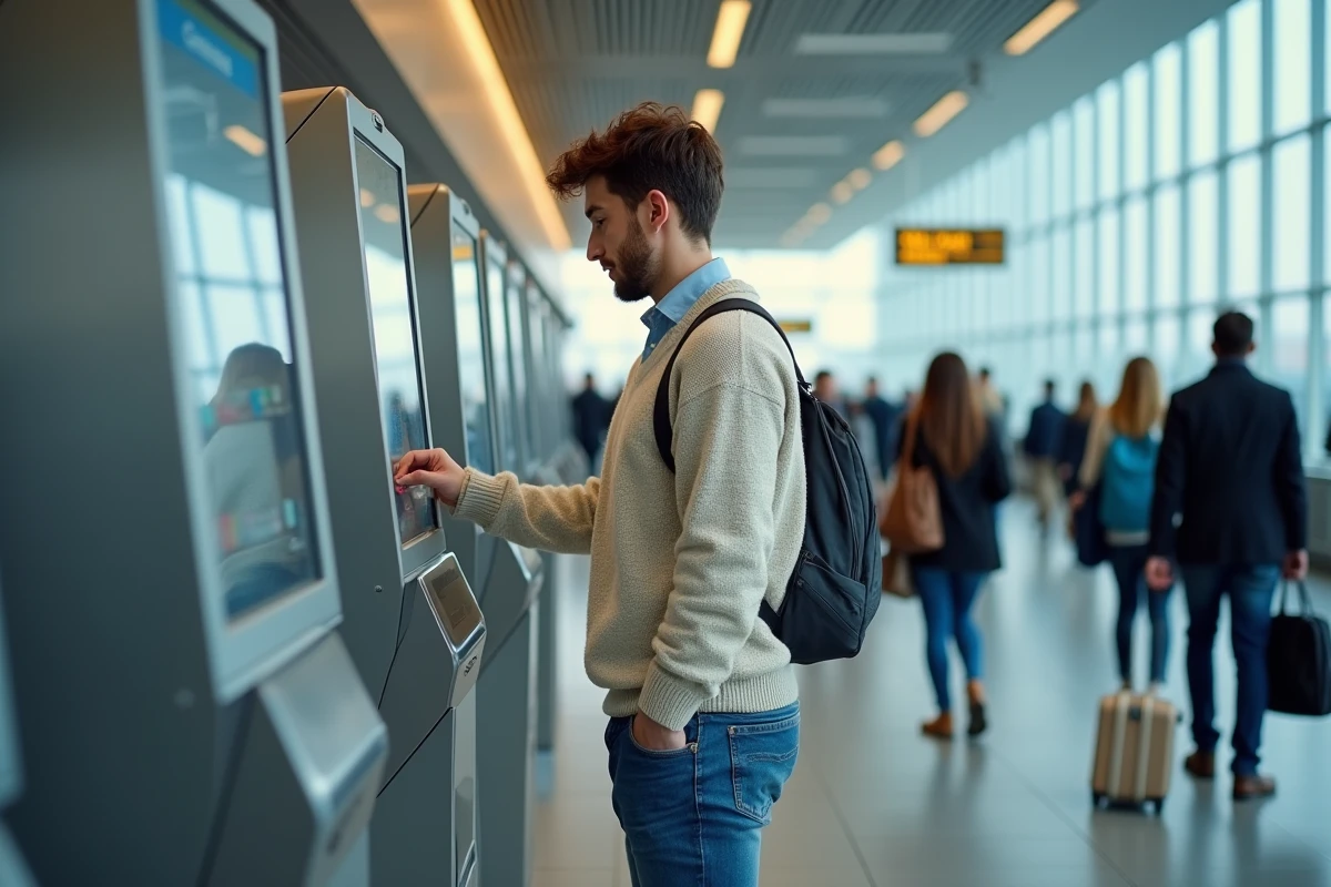 Jeune homme utilisant un kiosque d