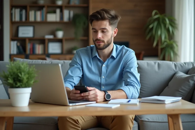Jeune homme au bureau lisant des nouvelles sur son ordinateur