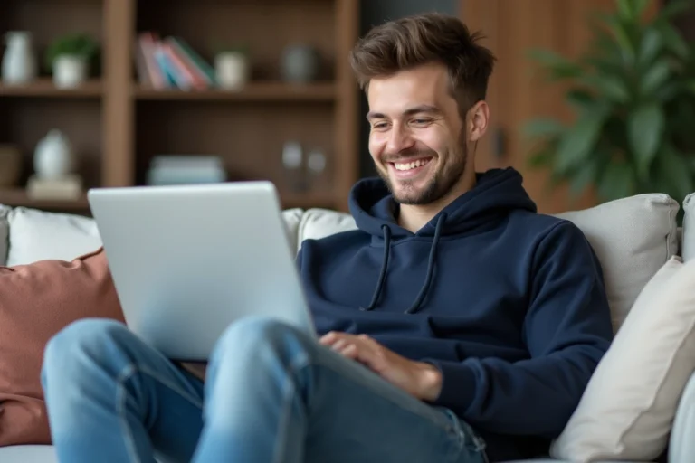Jeune homme détendu avec ordinateur dans un salon cosy