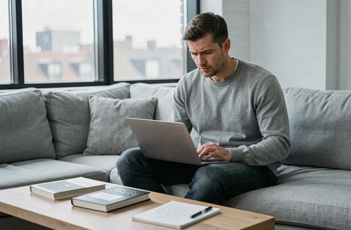 Jeune homme débutant en bourse utilisant une application d'investissement sur son ordinateur portable dans un appartement