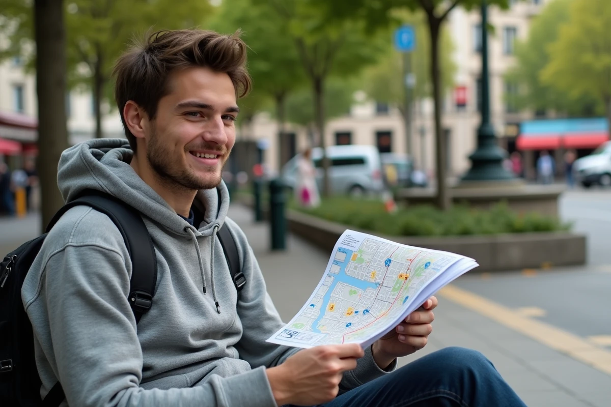 Jeune homme avec carte de stationnement dans une place publique à Rennes