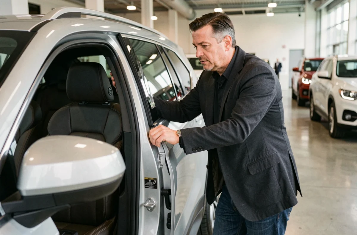 Journaliste automobile masculin examinant l'intérieur d'un SUV argenté dans une salle d'exposition moderne