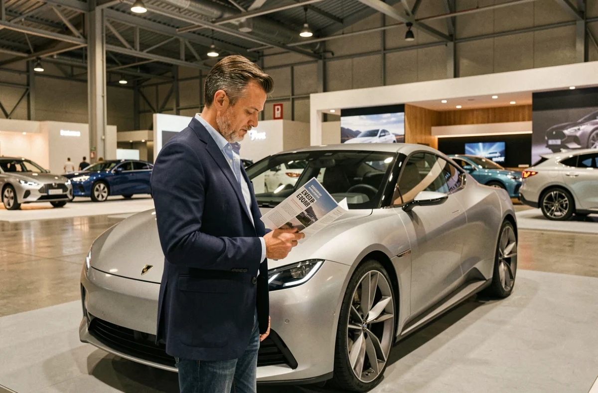 Journaliste automobile consultant le programme officiel du Salon de l'Auto Paris 2026 devant une voiture concept