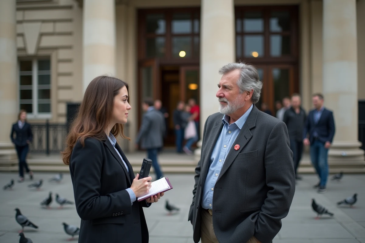 Journaliste interviewant un représentant syndical devant un bâtiment institutionnel français, dans le contexte du débat sur la rémunération des dirigeants de la SNCF