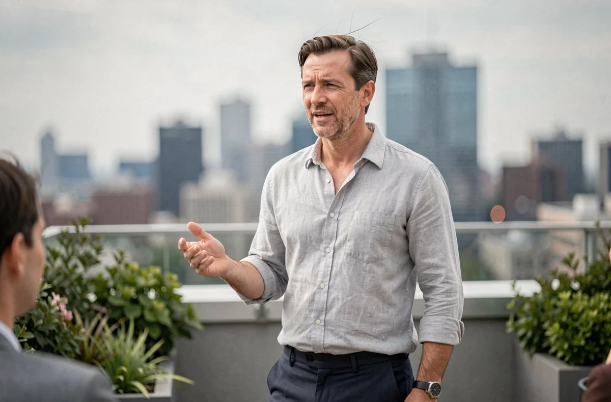Leader charismatique en chemise de lin grise prenant la parole sur une terrasse urbaine avec vue sur la ville en arrière-plan