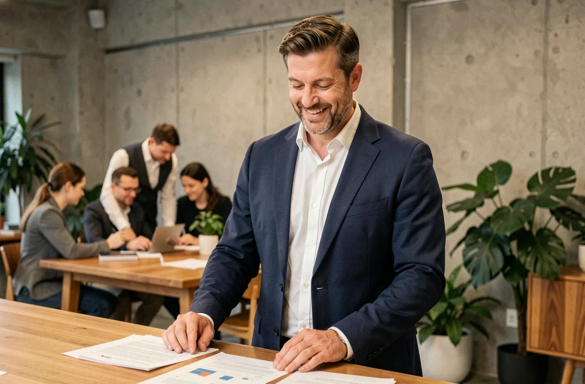 Portrait d'un leader inspirant en blazer marine dans un espace de bureau moderne ouvert, style accessible et professionnel