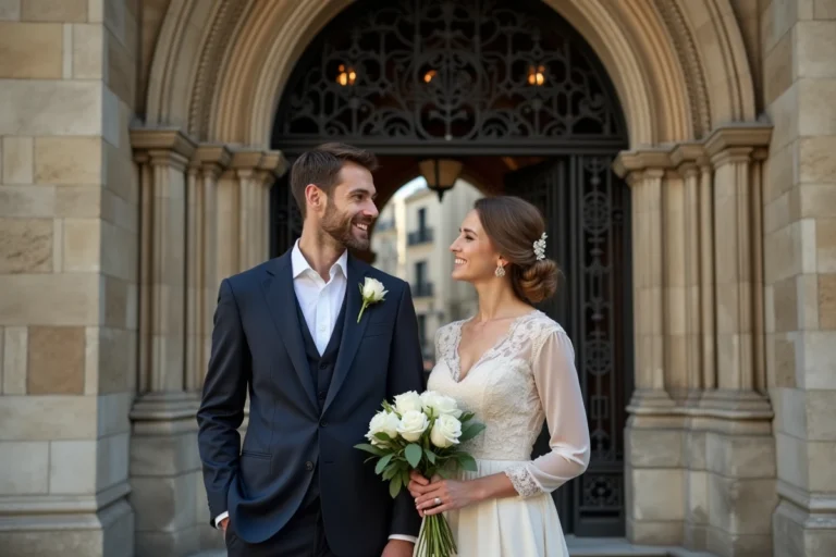 Couple élégant en tenue de mariage devant une église parisienne en pierre, style éditorial réaliste