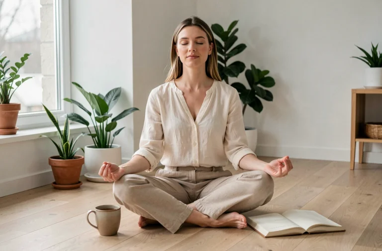 Femme pratiquant la méditation matinale dans un salon minimaliste scandinave pour une vie épanouie