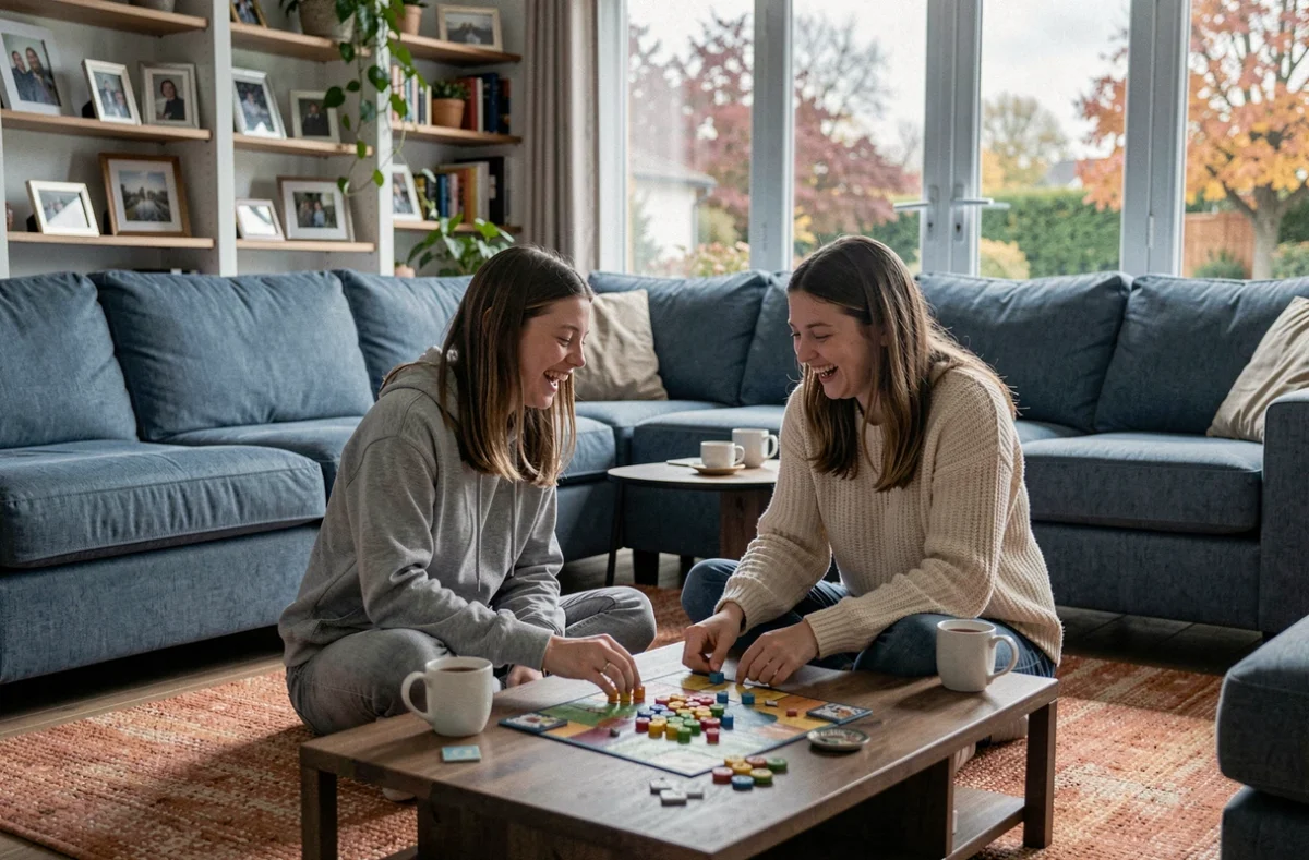Mère et fille adolescente jouant à un jeu de société ensemble sur un tapis douillet dans un salon moderne