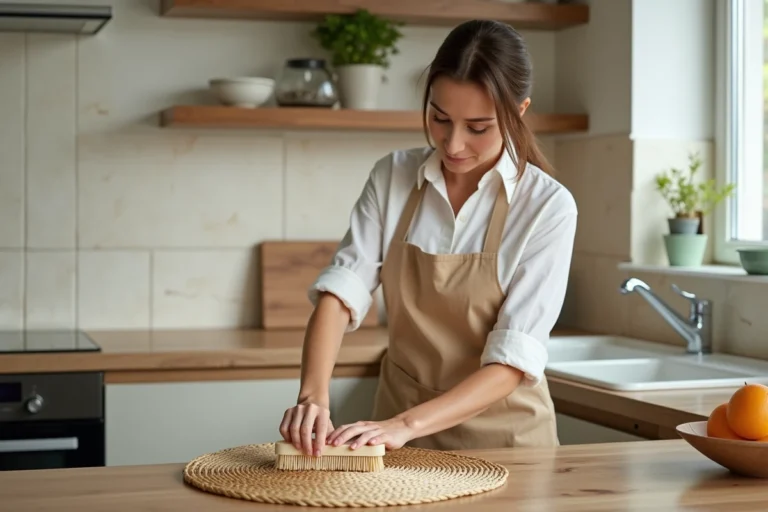 Femme nettoyant délicatement un set de table en paille avec une brosse douce au-dessus d'un évier de cuisine moderne