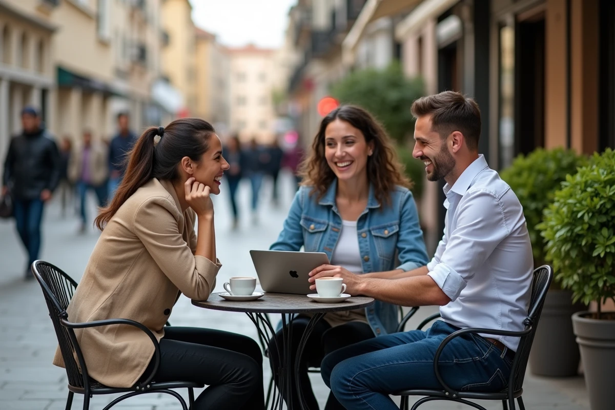 Groupe de professionnels en réseau autour d'une table de café en terrasse urbaine discutant de stratégies de carrière