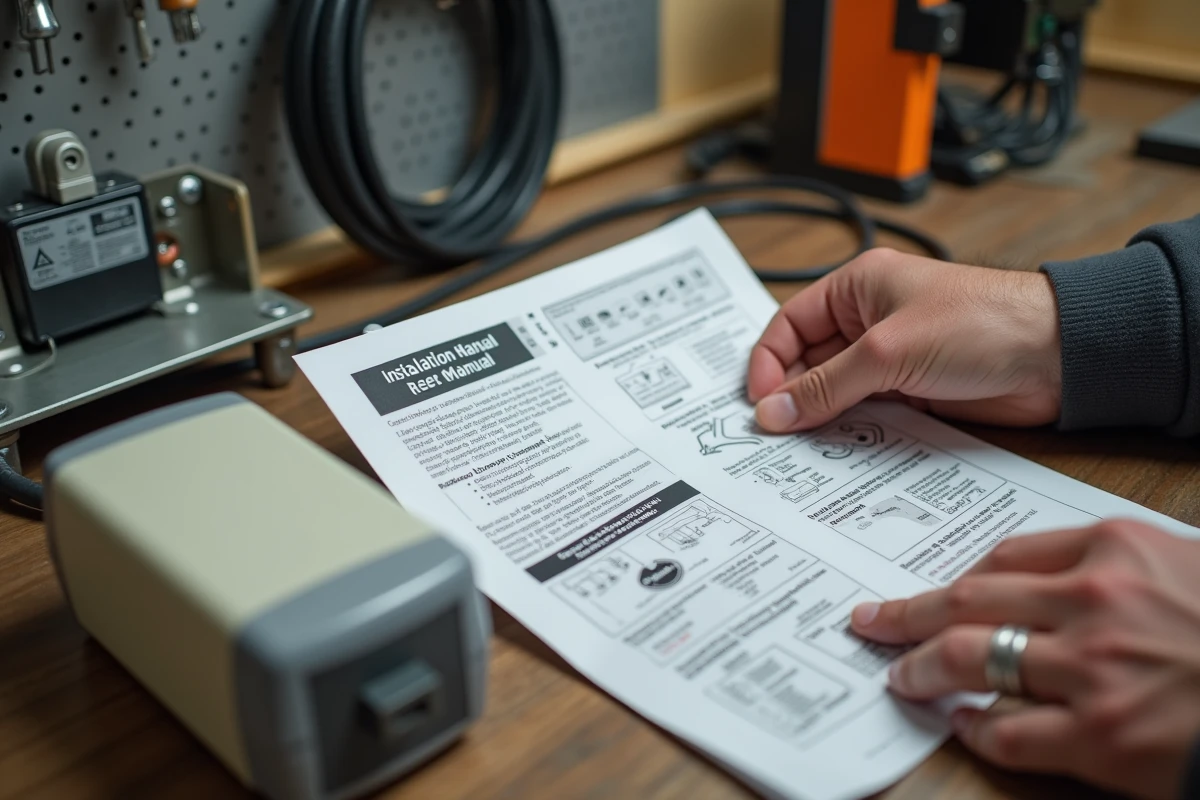 Gros plan sur les mains consultant une notice de réinitialisation du moteur de porte de garage La Toulousaine