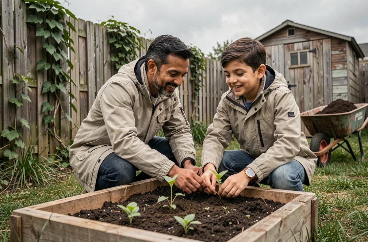 Père et fils en train de jardiner ensemble dans un jardin de banlieue, plantant des semis dans un carré potager en bois