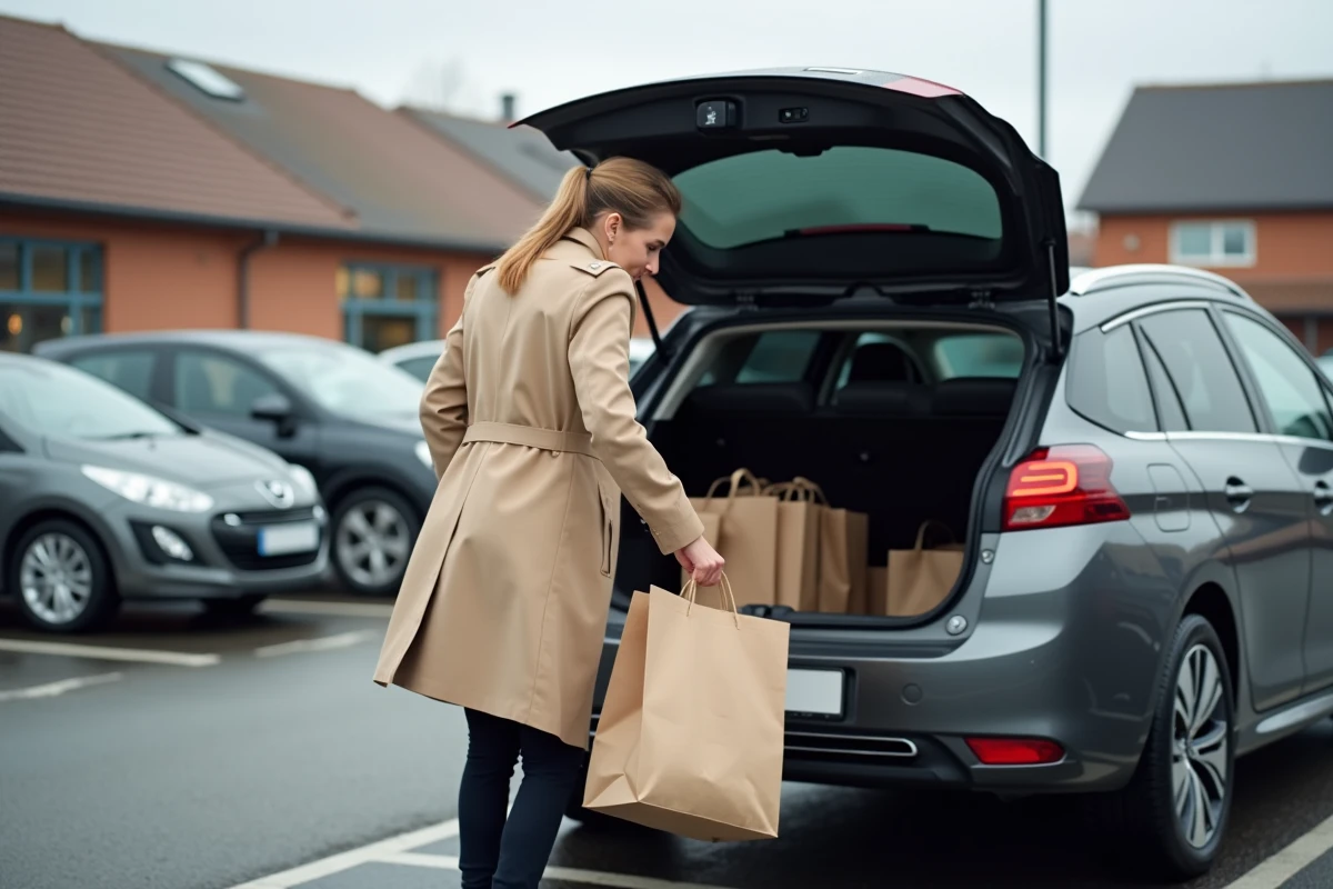 Femme chargeant le coffre d'une Peugeot 308 grise pour illustrer le volume utilitaire au quotidien