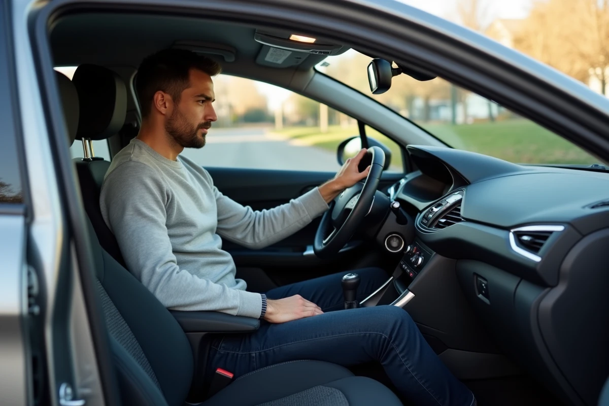 Conducteur évaluant le confort intérieur et l'ergonomie du poste de pilotage d'une Peugeot 308