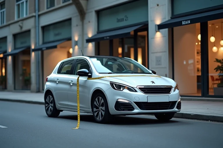 Peugeot 308 blanche garée en ville vue de trois quarts avant pour illustrer ses dimensions extérieures
