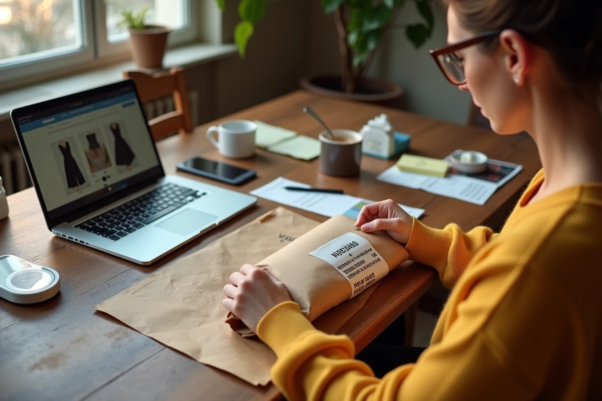 Femme préparant un colis Vinted à son bureau à domicile avec étiquette d'envoi imprimée