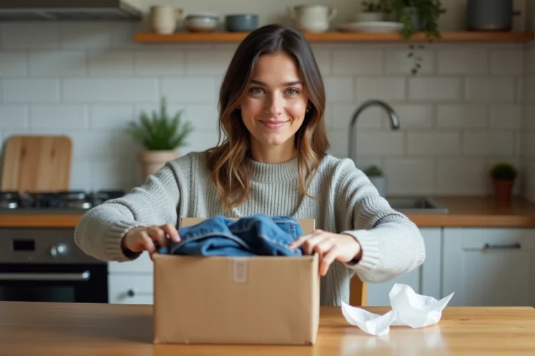 Jeune femme préparant un colis Vinted avec une veste en denim pliée dans une boîte kraft pour un envoi Mondial Relay