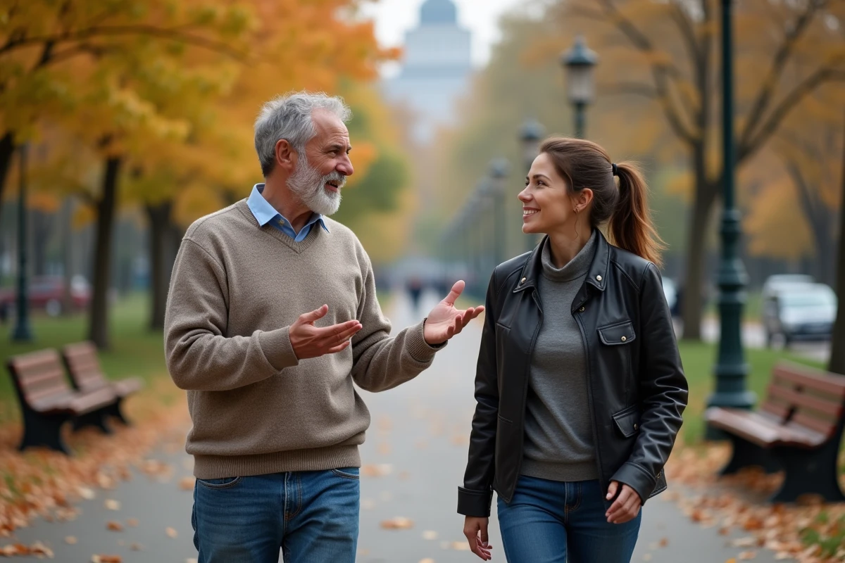Homme en promenade dans un parc automnal avec une femme