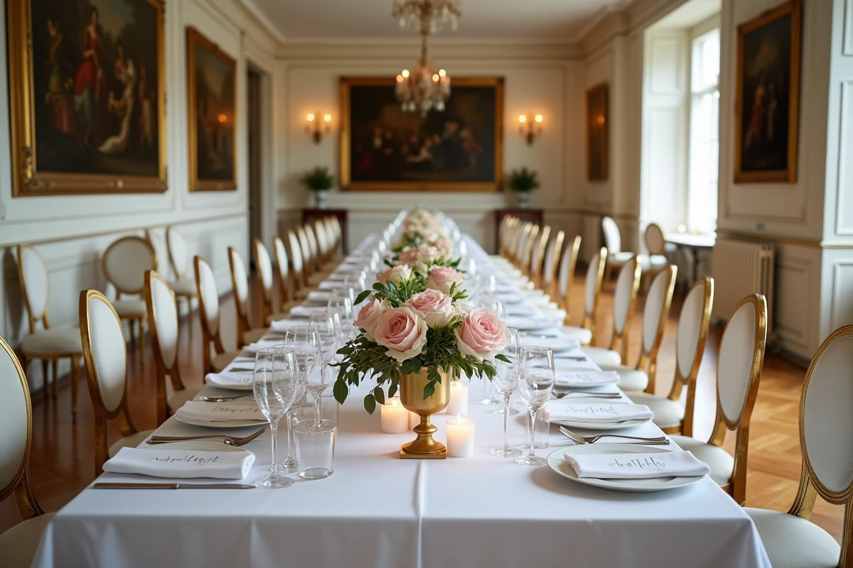Table de réception de mariage dans un hôtel particulier parisien avec décoration florale classique et vaisselle élégante
