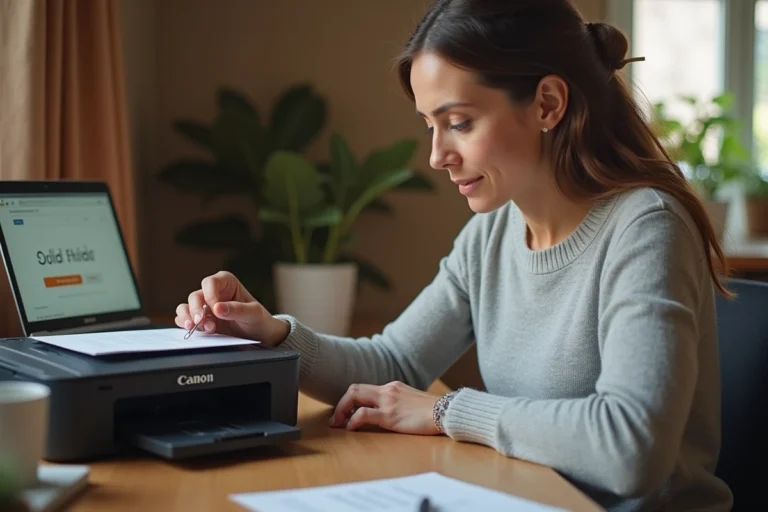 Femme réinitialisant une imprimante Canon MG3650s avec un trombone sur un bureau à domicile