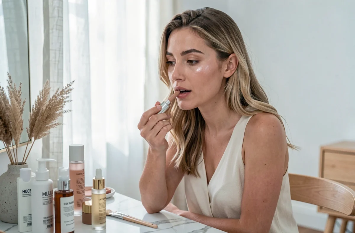 Femme appliquant un rouge à lèvres nude devant un miroir de coiffeuse en marbre, routine beauté minimaliste tendance – maquillage et skincare