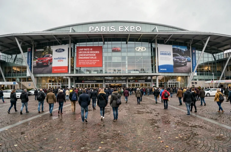 Entrée principale du Salon de l'Auto de Paris 2026 au Parc des Expositions Porte de Versailles avec bannières et visiteurs