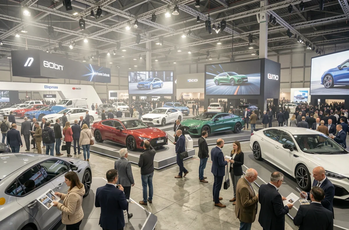 Vue grand angle d'un salon automobile international avec concept cars, visiteurs et stands de marques prestigieuses