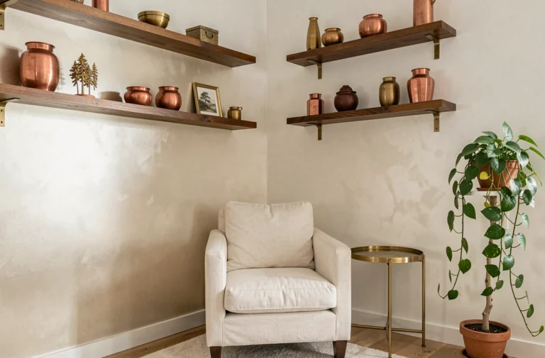 Salon décoré selon le feng shui avec des couleurs blanches et dorées sur le mur ouest, fauteuil en lin crème et objets en laiton