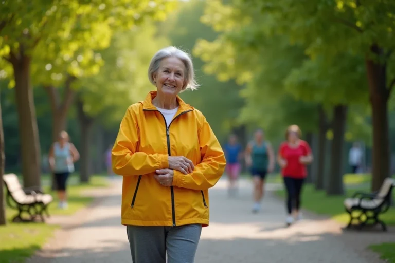Femme senior souriante en plein exercice dans un parc urbain
