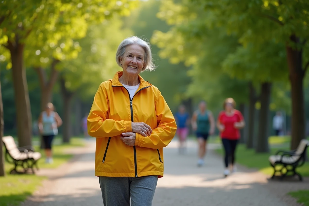 Femme senior souriante en plein exercice dans un parc urbain