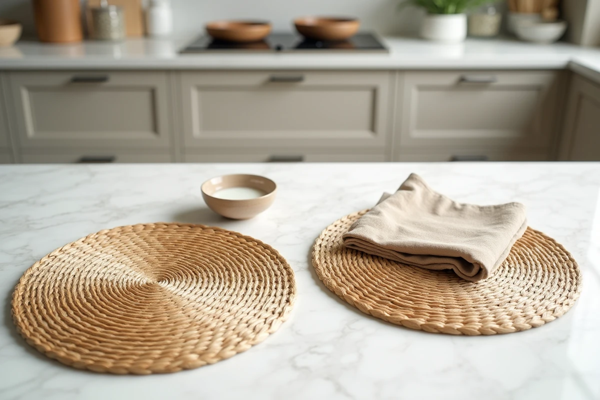 Sets de table en paille posés sur un plan de travail en marbre blanc avec un chiffon et une solution de vinaigre pour le nettoyage