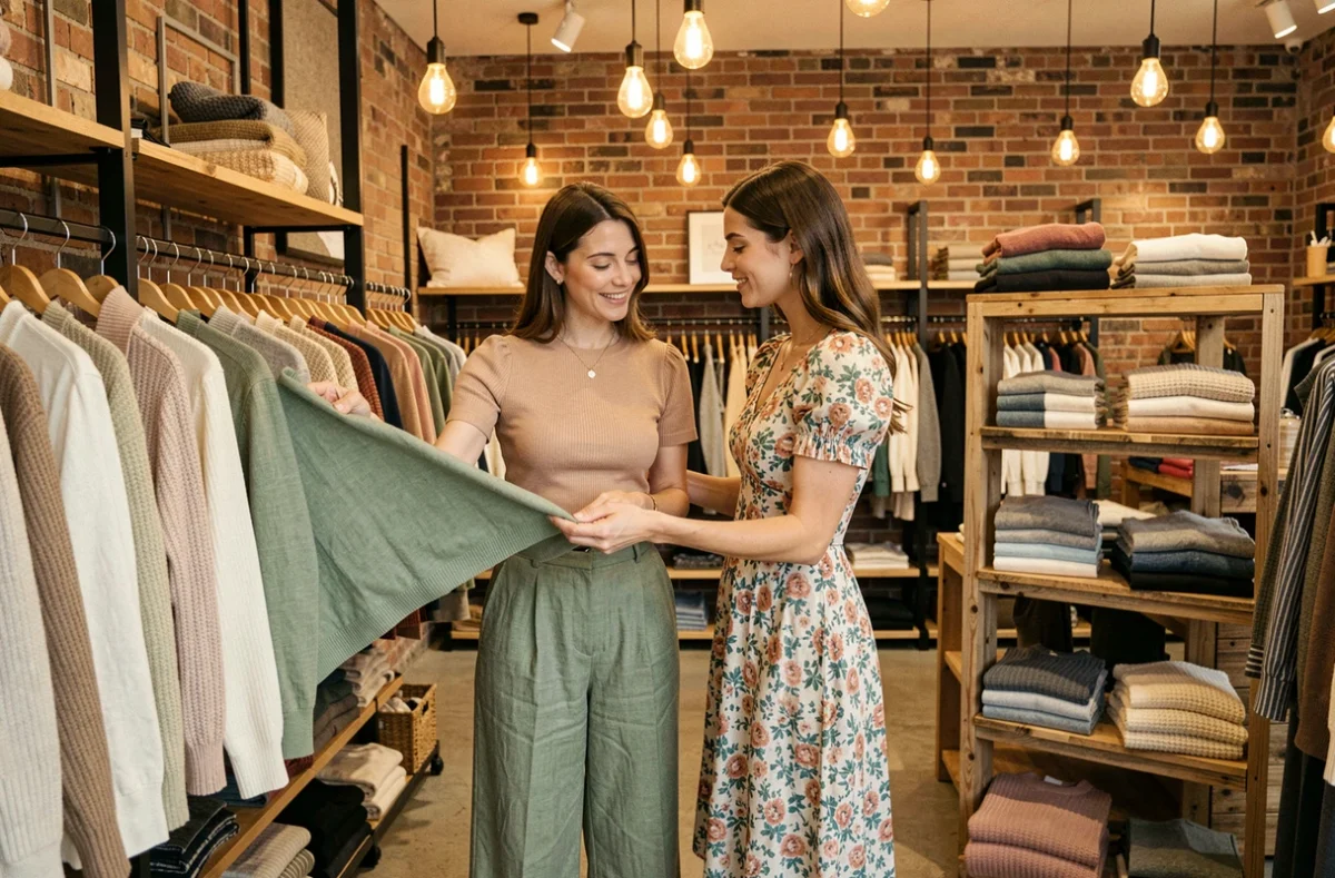 Deux femmes élégantes en train de choisir des vêtements dans un concept store tendance – mode prêt-à-porter féminin et style au quotidien