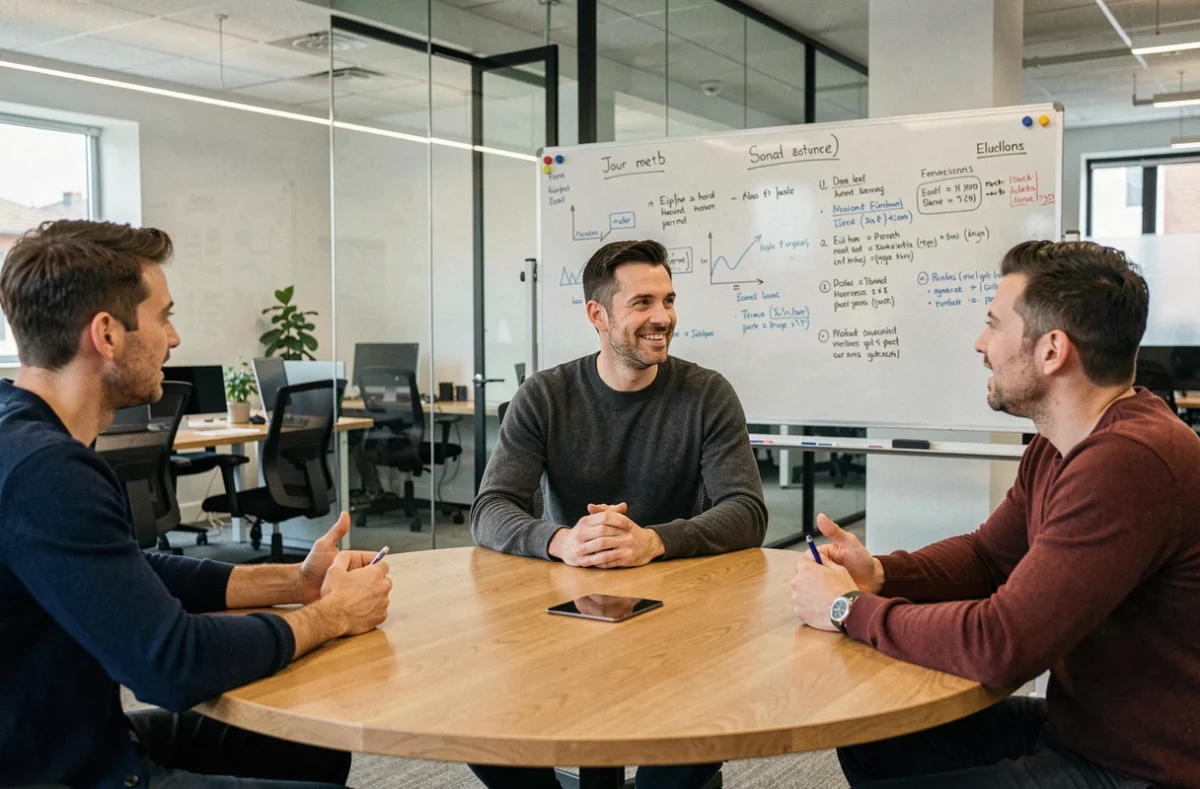 Un dirigeant au style accessible animant une réunion collaborative autour d'une table ronde dans une salle de réunion moderne