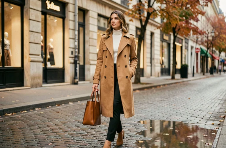 Femme élégante en trench camel portant un sac en cuir cognac, marchant dans une rue pavée parisienne en automne – tendances mode quotidienne