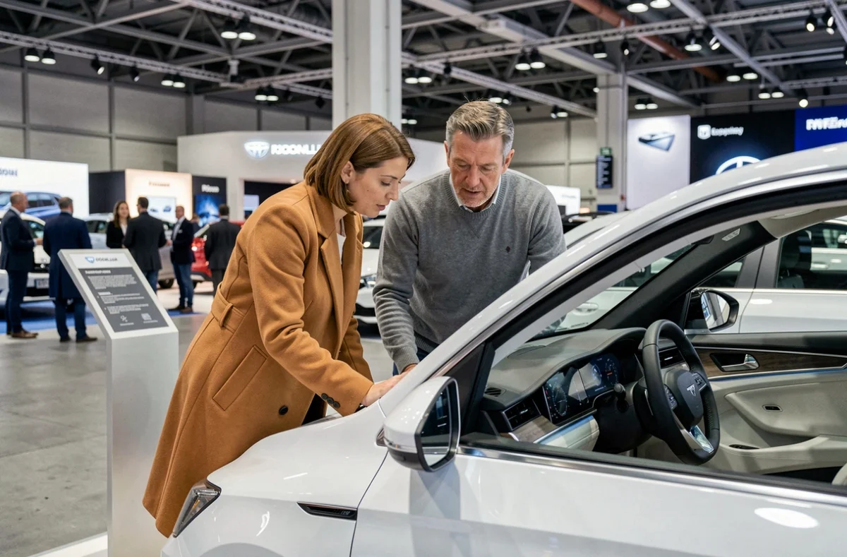 Couple de visiteurs découvrant l'intérieur d'une berline électrique au Salon de l'Auto de Paris 2026